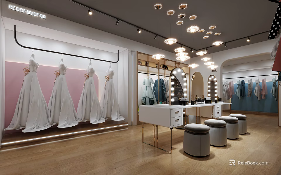 Elegant Shopping Mall Bridal Boutique Store With Hanging Wedding Dresses And Mirrored Counter Stools 3d model 
