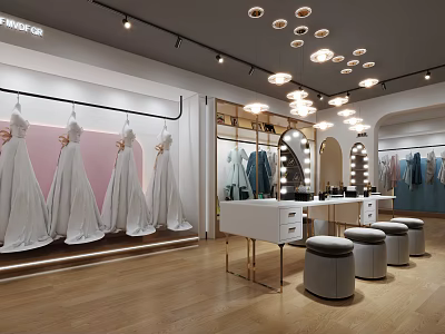 Elegant Shopping Mall Bridal Boutique Store With Hanging Wedding Dresses And Mirrored Counter Stools 3d model