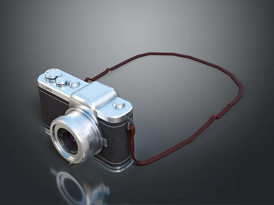 Classic Design Digital Camera With Silver Black Body And Red Strap On Black Background 3d model