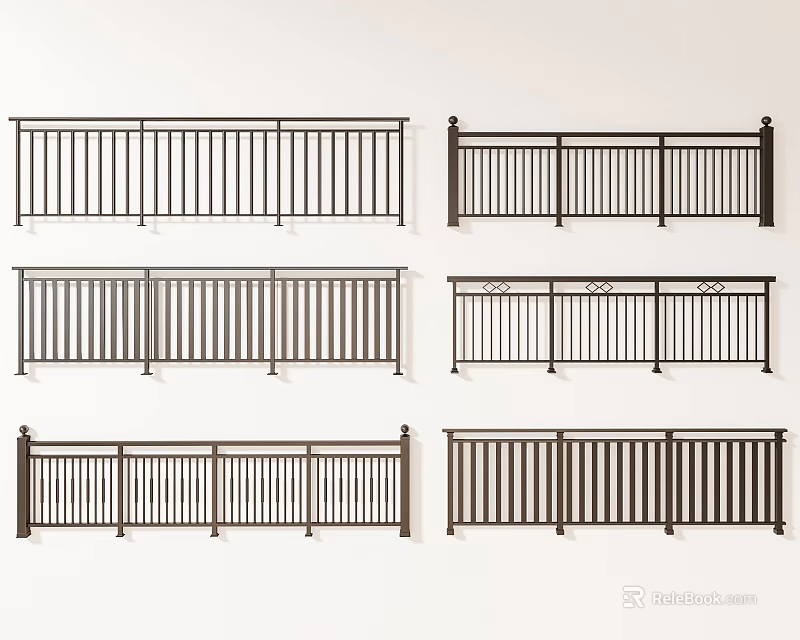 Various Metal Railing Designs with Vertical Bars and Decorative Patterns for Outdoor Residential Spaces 3d model 