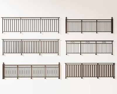 Various Metal Railing Designs with Vertical Bars and Decorative Patterns for Outdoor Residential Spaces 3d model