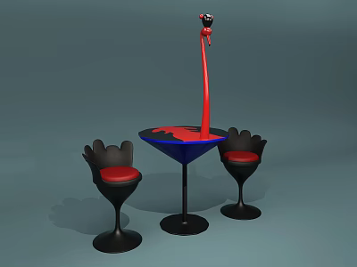 Unique Flamingo Design Table And Chair Set Featuring Blue Top Red Accents Black Seats 3d model