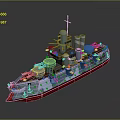 Detailed Warship Model With Red Hull Displaying Turrets Smokestacks And Deck Structures 3d model