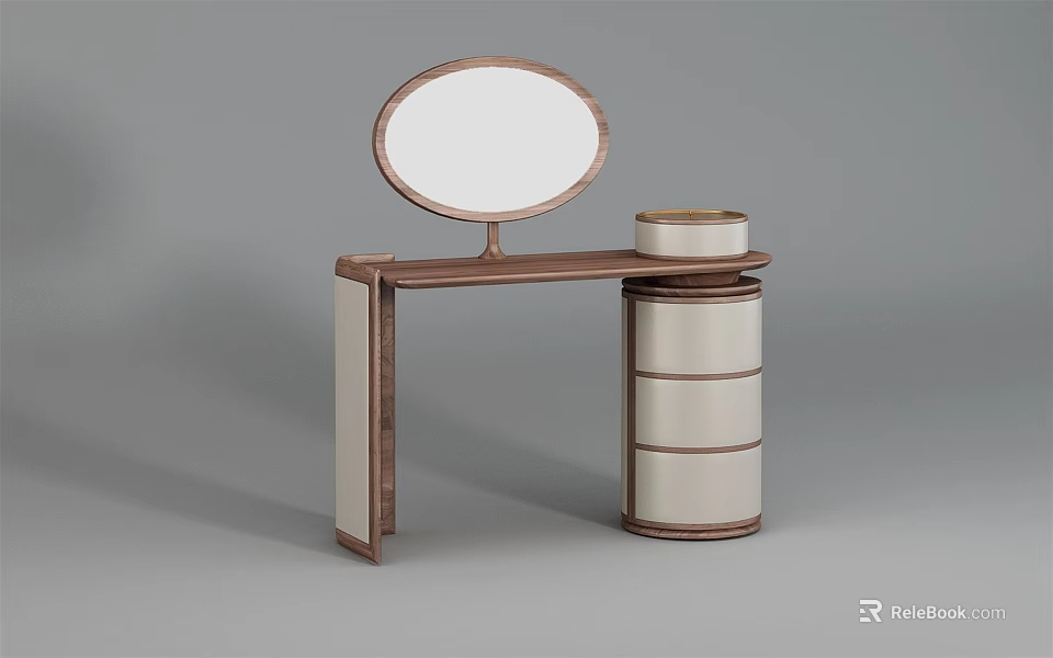 Modern Wooden Dressing Table with Oval Mirror Cylindrical Cabinet and Light Drawers 3d model 