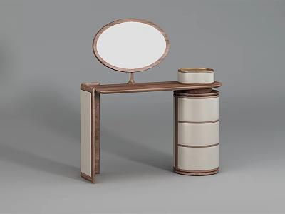 Modern Wooden Dressing Table with Oval Mirror Cylindrical Cabinet and Light Drawers 3d model