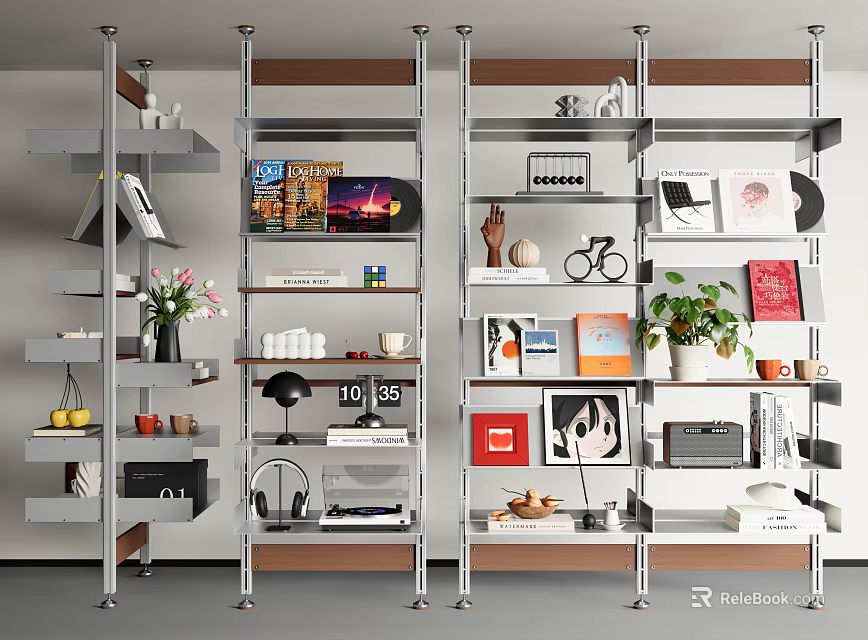 Modern Multilayer Bookshelf Featuring Books Decorative Items Potted Plants And Vinyl Records 3d model 