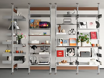 Modern Multilayer Bookshelf Featuring Books Decorative Items Potted Plants And Vinyl Records 3d model