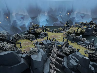 Cartoon Fantasy Scene with Rocky Landscapes Luminous Lights Green Plants and Calm Water Area 3d model