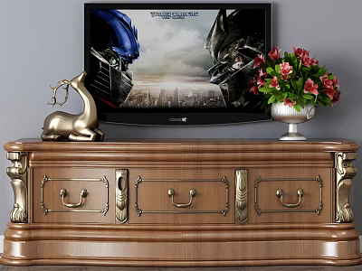 Brown Wooden TV Stand with Golden Accents Drawers Television Deer Figurine and Vase 3d model