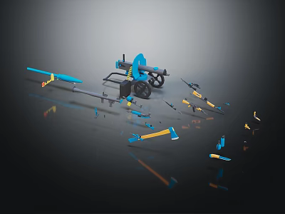 Blue And Yellow Toy Weapons Including Spear Axe Cannon Scattered On Black Background 3d model