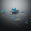 Blue And Yellow Toy Weapons Including Spear Axe Cannon Scattered On Black Background