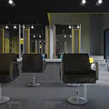 Modern Hair Salon Interior With Black Styling Chairs White Counter And Yellow Accents