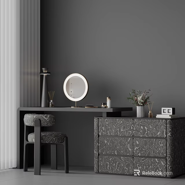 Modern Dressing Table Interior With Round Mirror Stool And Decorative Items 3d model