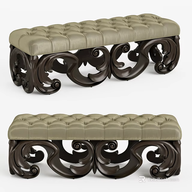 Tufted Sofa Bench with Light Beige Upholstered Seat and Dark Carved Wooden Scroll Legs 3d model 