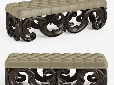 Tufted Sofa Bench with Light Beige Upholstered Seat and Dark Carved Wooden Scroll Legs 3d model