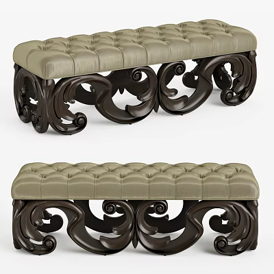 Tufted Sofa Bench with Light Beige Upholstered Seat and Dark Carved Wooden Scroll Legs 3d model