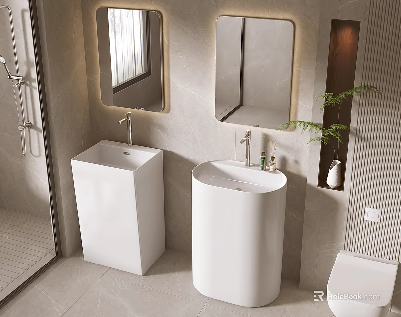 Modern White Freestanding Washbasins In Bathroom With Backlit Mirrors And Neutral Tiles 3d model 