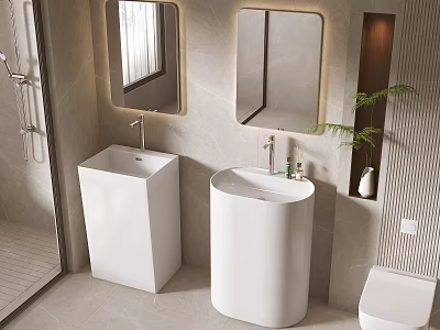 Modern White Freestanding Washbasins In Bathroom With Backlit Mirrors And Neutral Tiles 3d model