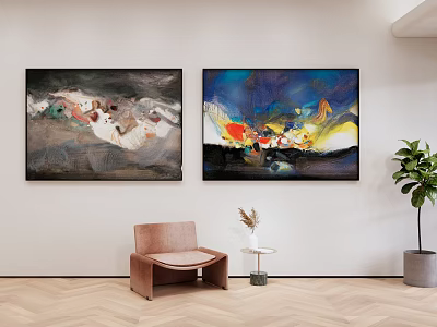 Abstract Paintings Hanging On Wall In Modern Interior With Brown Chair Table And Green Plant 3d model