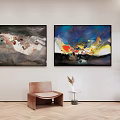 Abstract Paintings Hanging On Wall In Modern Interior With Brown Chair Table And Green Plant