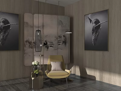 Elegant Yellow Accent Leisure Chair In Modern Room With Wooden Walls Mirror And Decorative Paintings 3d model