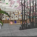 Traditional Asian Restaurant Interior With Cherry Blossom Decor Lantern Pendant Lights And Wooden Tables
