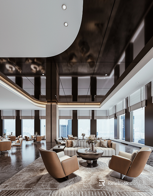 Modern Lounge Area With Sofas Chairs And City View 3d model 