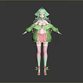 3D Anime Game Character With Green Hair Green Jacket Pink Skirt And Pink Stockings