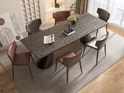 Modern Dining Table Set With Granite Tabletop Six Brown Black Chairs On Area Rug 3d model