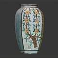Decorative Vase With Yellow Floral Patterns Green Leaves And Blue Geometric Designs