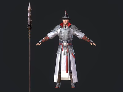 Man in Ancient Armor Standing with Spear in Traditional Warrior Pose 3d model