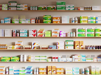 Medical Devices on Organized Shelves with Various Medicine Products and Packages 3d model