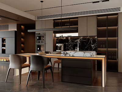 Modern Restaurant Interior With Marble Top Dining Table Wooden Frame Dark Cabinets And Hanging Lights 3d model