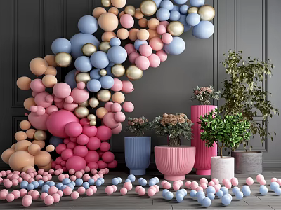 Colorful Decorative Balloons Various Colored Flower Pots With Green Plants For Household Decor 3d model