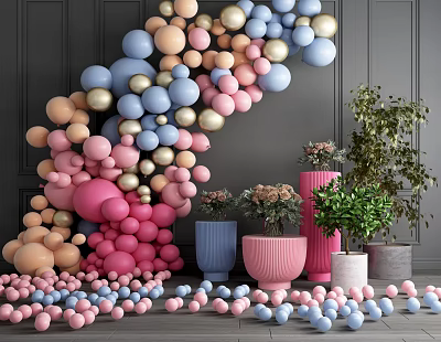 Colorful Decorative Balloons Various Colored Flower Pots With Green Plants For Household Decor 3d model