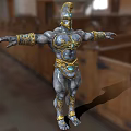 Muscular Game And Movie Character With Golden Decorated Armor And Helmet In Temple Hall
