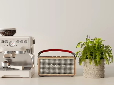 Kitchen Appliance Stainless Steel Coffee Machine With Red Strap Marshall Speaker And Potted Fern 3d model