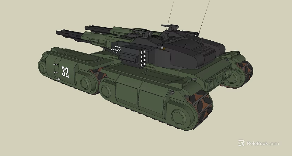 Green Armored Military Tank With Number 32 And Detailed Components 3d model 