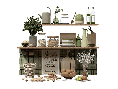 Natural Kitchenware Display on Kitchen Shelves With Plants Jars Bottles Plates and Cutting Boards 3d model