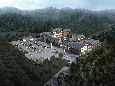 Traditional Modern Visitor Center With Parking Lot And Lush Forest Mountain Views 3d model