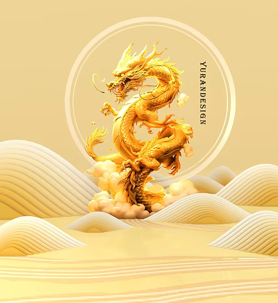Golden Dragon Artwork With Wave Shaped Mountains And Clouds Design 3d model