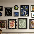Stylish Gallery Wall With Various Shaped Frames Decorative Artworks And Vase 3d model