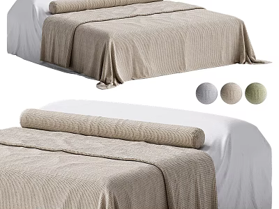 Cozy Double Bed With Beige Bedspread Rolled Blanket And Decorative Balls 3d model