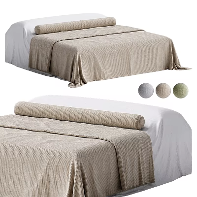 Cozy Double Bed With Beige Bedspread Rolled Blanket And Decorative Balls 3d model