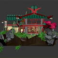 Cartoon Style Chinese Traditional Building Scene with Green Roof Red Decorations Bamboo Rocks and Plants