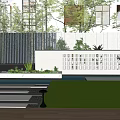 Modern Courtyard Garden Featuring White Building Black Fence Greenery Lawn Slate Path And Garden Lights