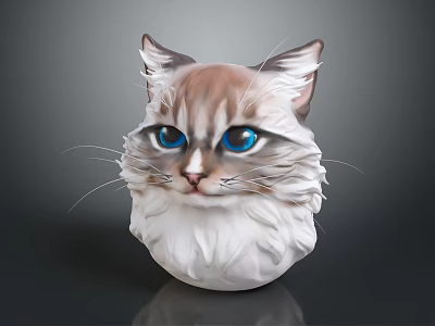 Fluffy Brown and White Cat with Striking Blue Eyes and Soft Fur 3d model