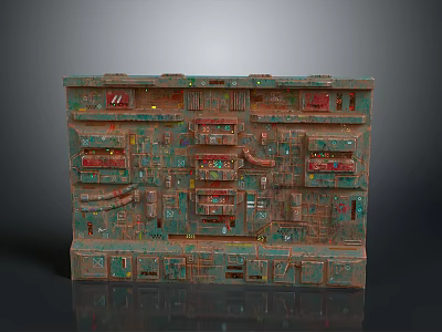 Industrial Futuristic Gate With Complex Structure Green Brown Textures Multiple Small Windows And Different Levels 3d model