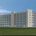 Modern Office Building With Light Gray White Exterior Large Windows Green Lawn And Blue Sky