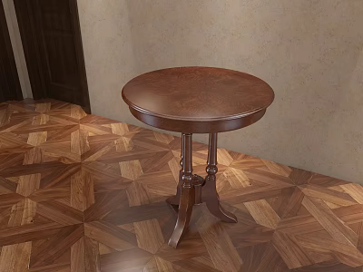 Brown Wooden Round Dining Table With Pedestal Legs On Parquet Wood Floor And Neutral Wall 3d model